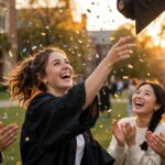 Friends celebrating with congratulations wishes at a joyful graduation party