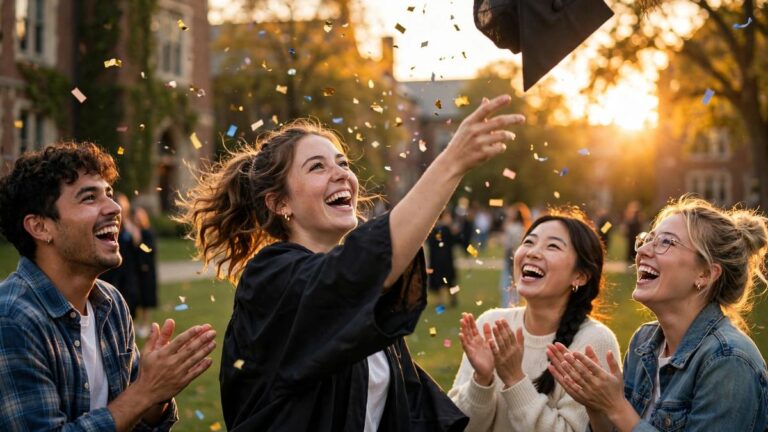 Friends celebrating with congratulations wishes at a joyful graduation party