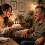 Daughter surprising dad with birthday cake — birthday wishes for dad