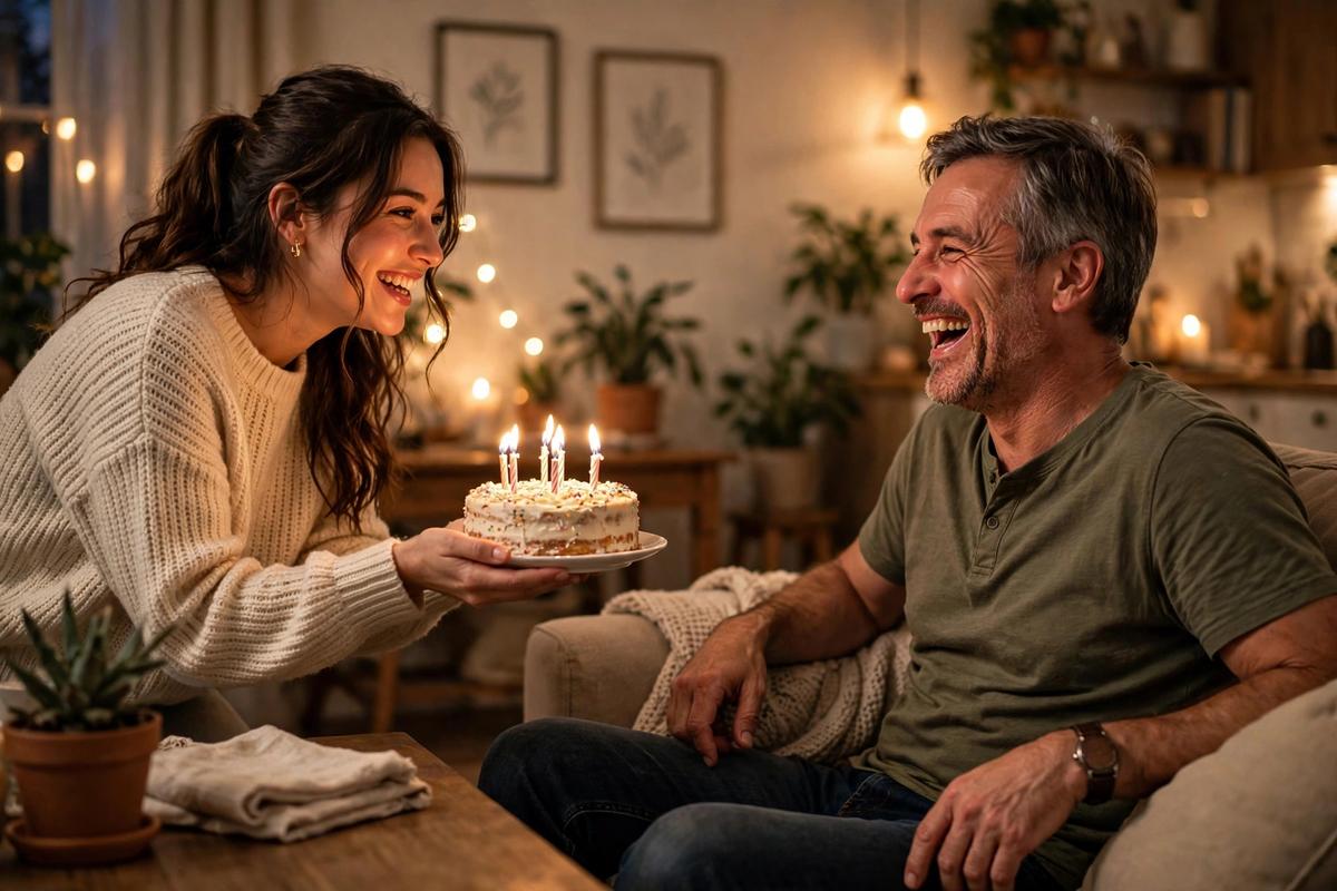 Daughter surprising dad with birthday cake — birthday wishes for dad