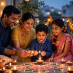 Family lighting diyas for Happy Diwali wishes