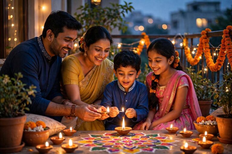 Family lighting diyas for Happy Diwali wishes
