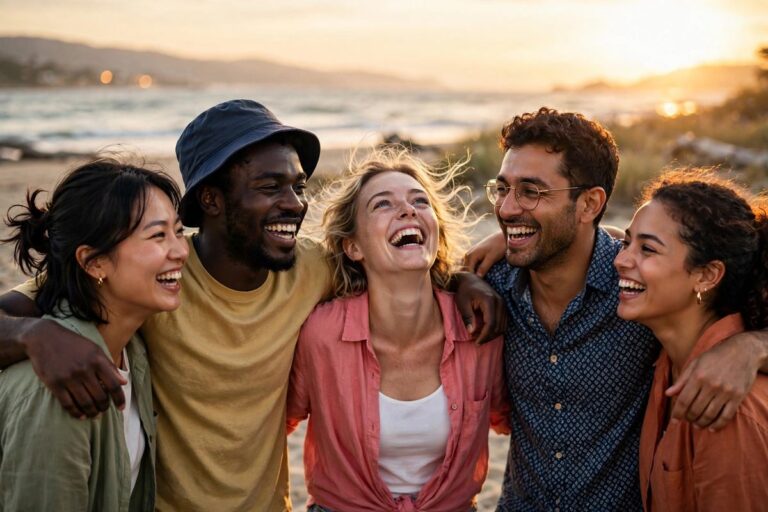 Group of friends laughing together at sunset for friendship quotes