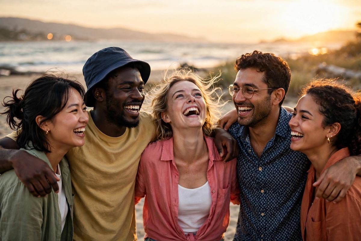 Group of friends laughing together at sunset for friendship quotes