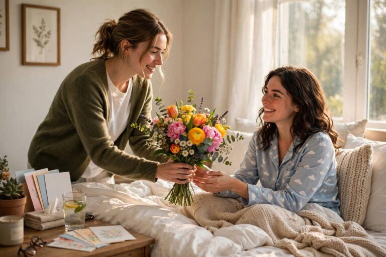 Woman giving flowers to recovering friend for get well soon wishes