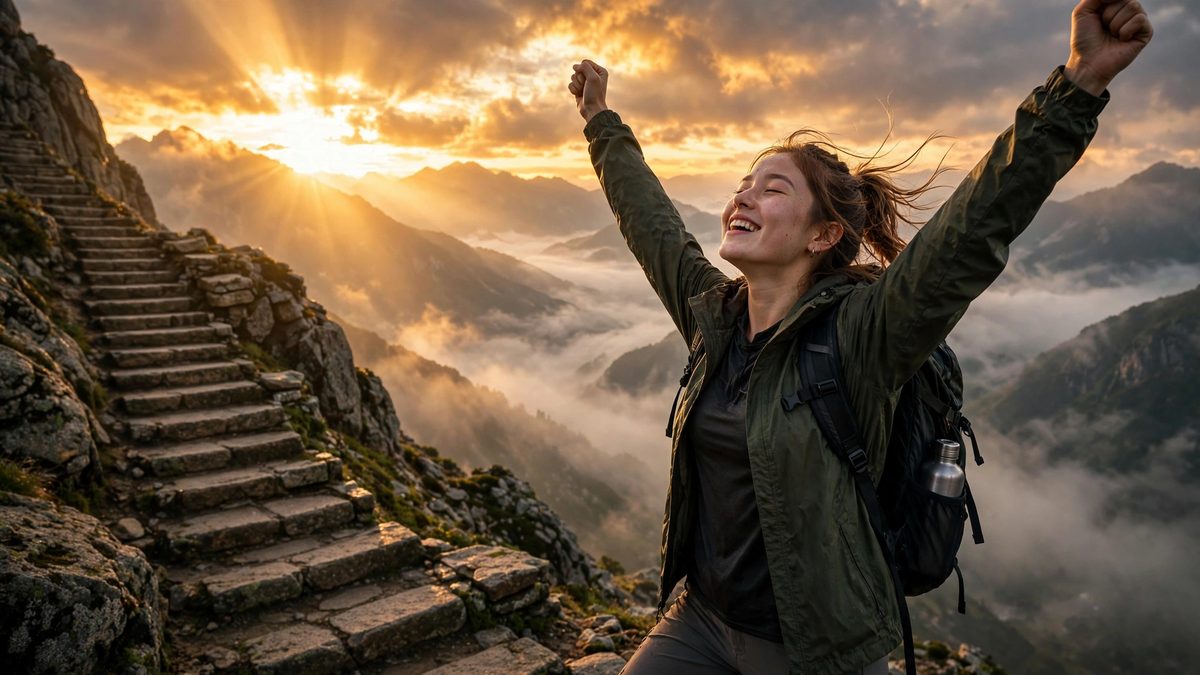 Woman hiking mountain at sunrise for motivational quotes