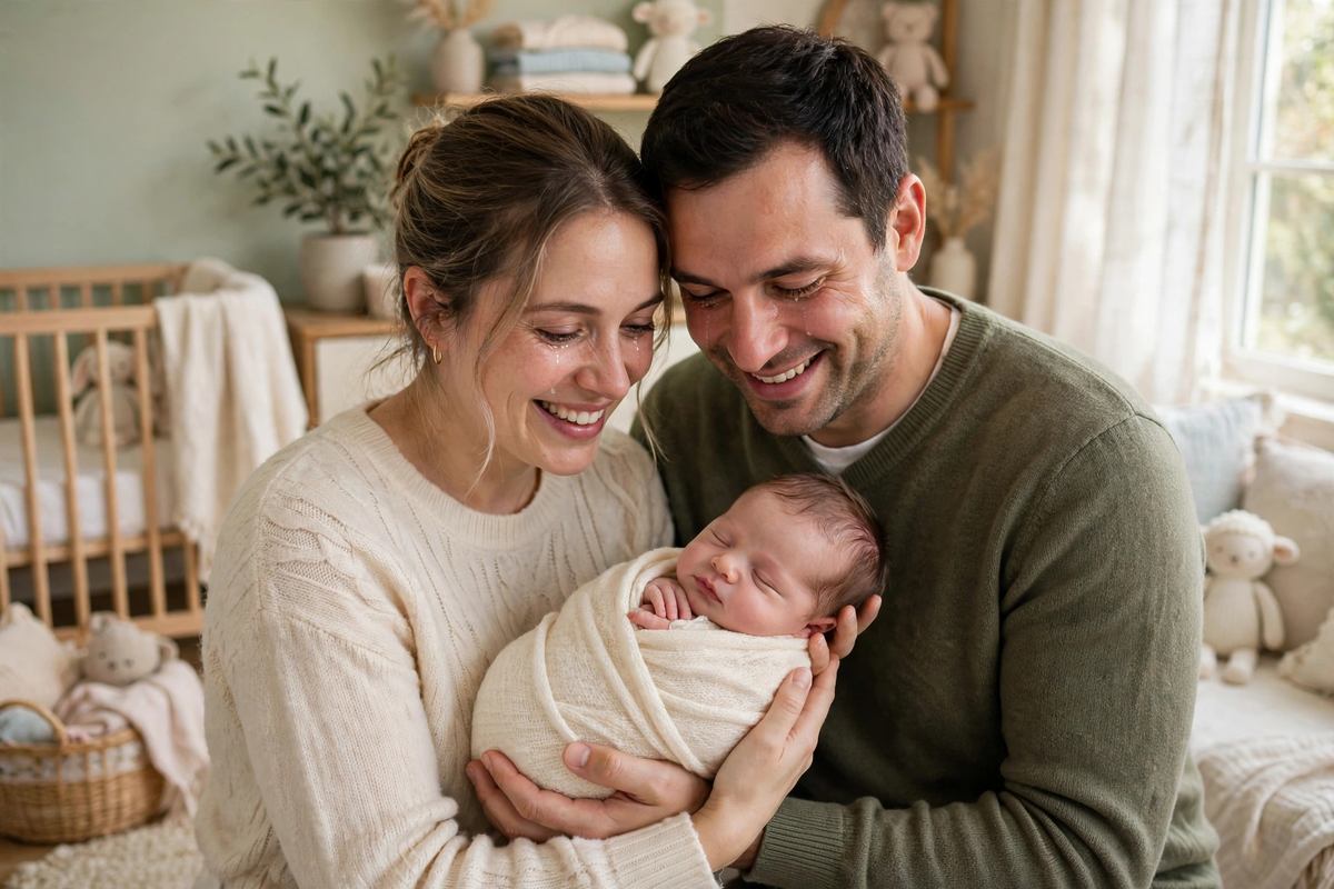 New parents holding newborn baby for new baby wishes
