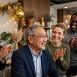 Colleagues celebrating a senior's retirement farewell party — retirement wishes