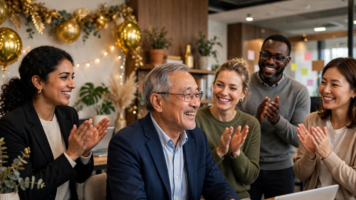 Colleagues celebrating a senior's retirement farewell party — retirement wishes
