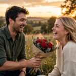 Romantic couple sharing roses at sunset — Valentine's Day wishes