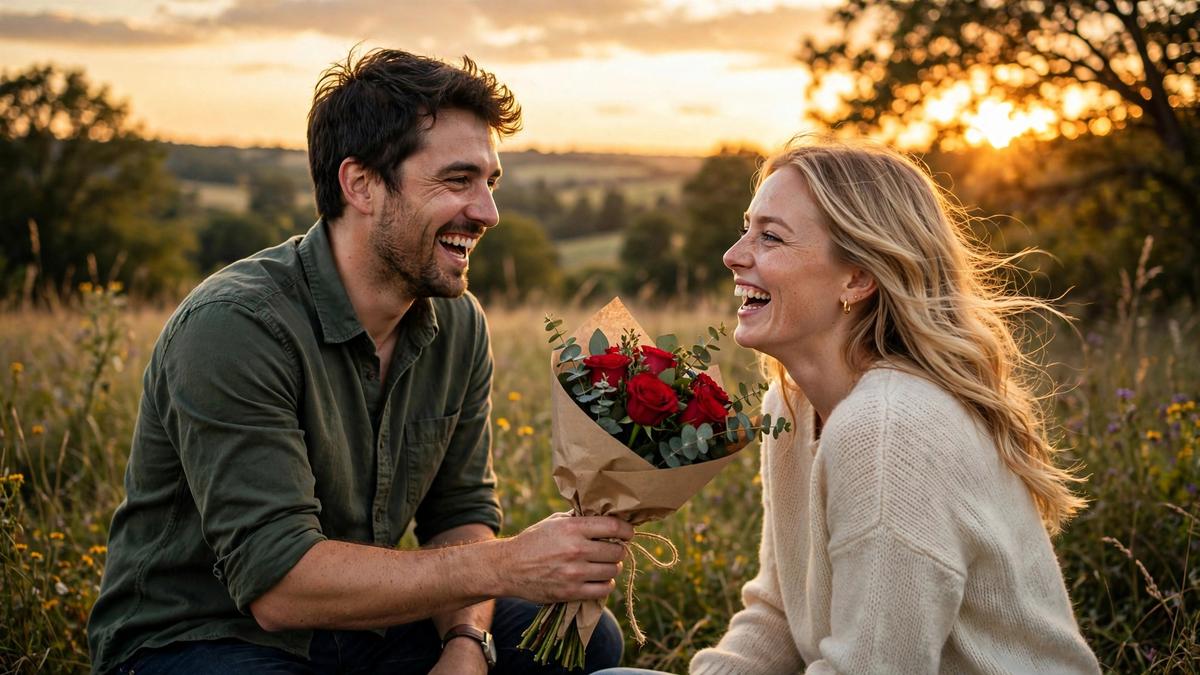 Romantic couple sharing roses at sunset — Valentine's Day wishes