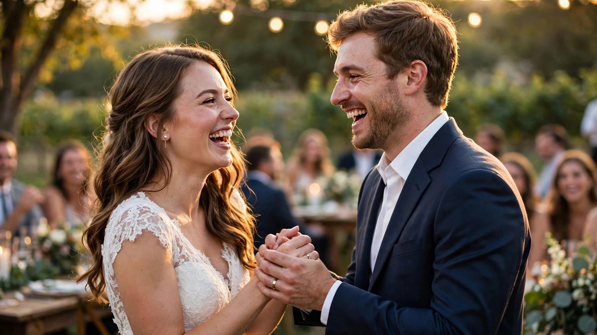 Happy bride and groom celebrating at outdoor wedding — wedding wishes
