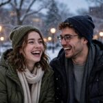 Cozy snowy winter scene with warm lights — winter wishes