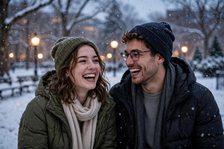 Cozy snowy winter scene with warm lights — winter wishes